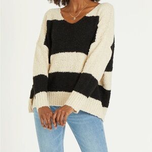 Dear John Adrien V Neck Sweater Black Crème Stripe Size XL